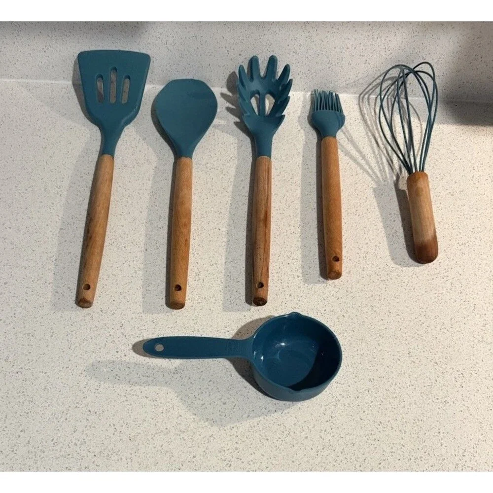 6 Silicone Cooking Utensils w/ Wooden Handles + 2 Pcs As Gift